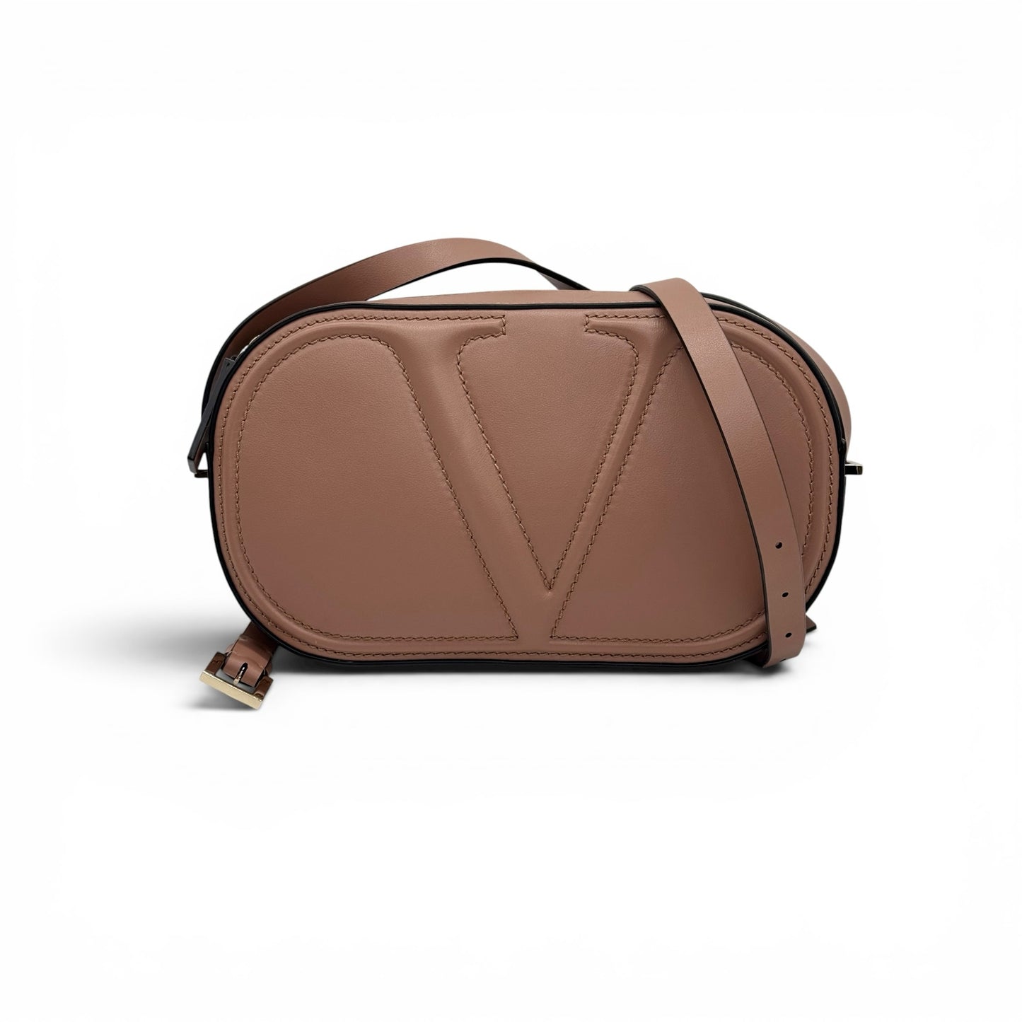 Borsa a tracolla Borse Vintage Valentino Garavani ovale in pelle color nude con logo V in rilievo e tracolla regolabile