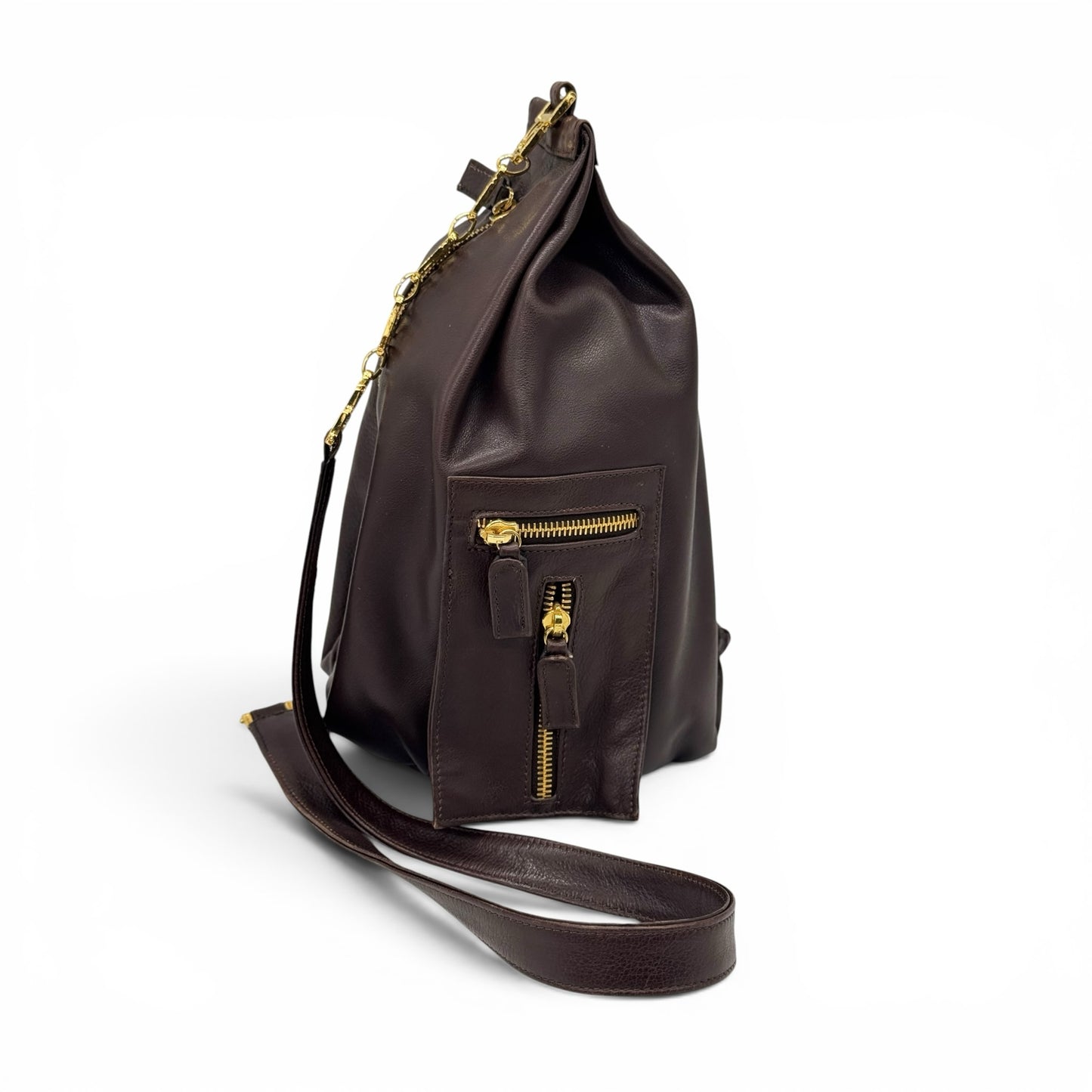 Zaino Borse Vintage Gianni Versace in pelle marrone scuro con dettagli dorati e tracolla a catena