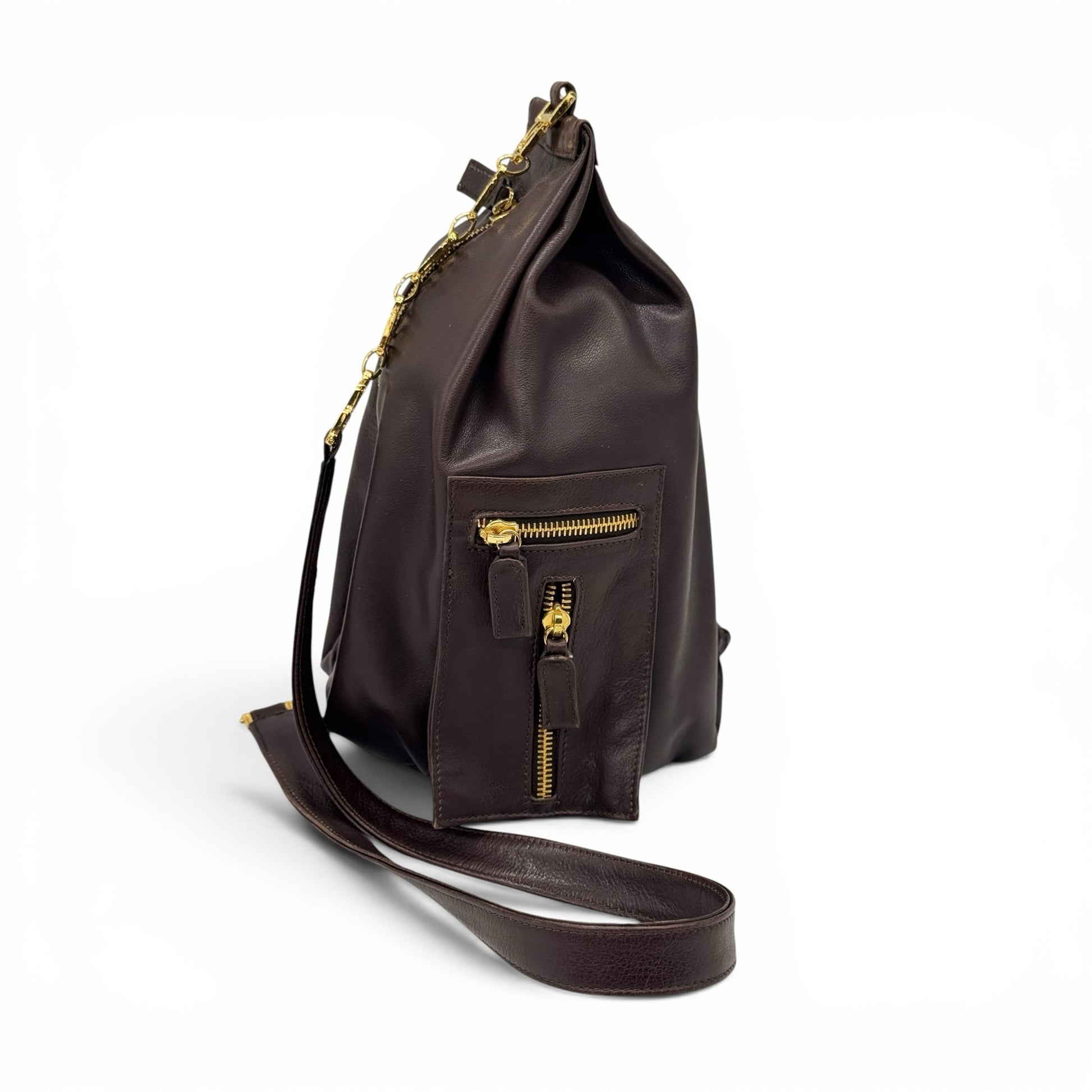 Zaino Borse Vintage Gianni Versace in pelle marrone scuro con dettagli dorati e tracolla a catena